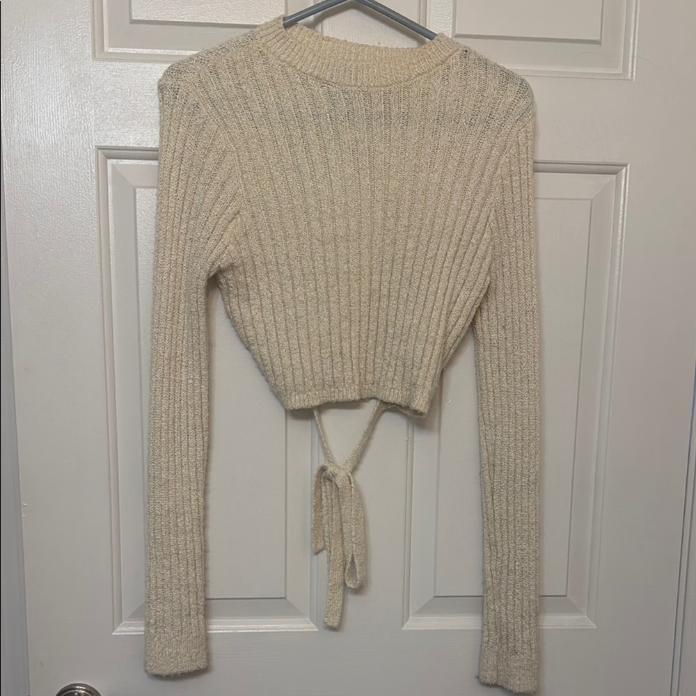 Cropped Ribbed Tie-Back Sweater in Ivory